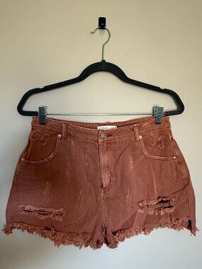 Mustard Seed Distressed Denim Shorts L High Rise Frayed Hem Pink Terracotta Bout